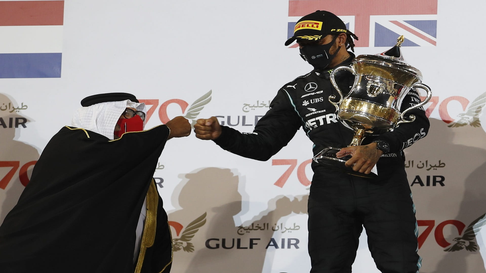 Image for the title: Hamilton wins crash-hit Bahrain Grand Prix 