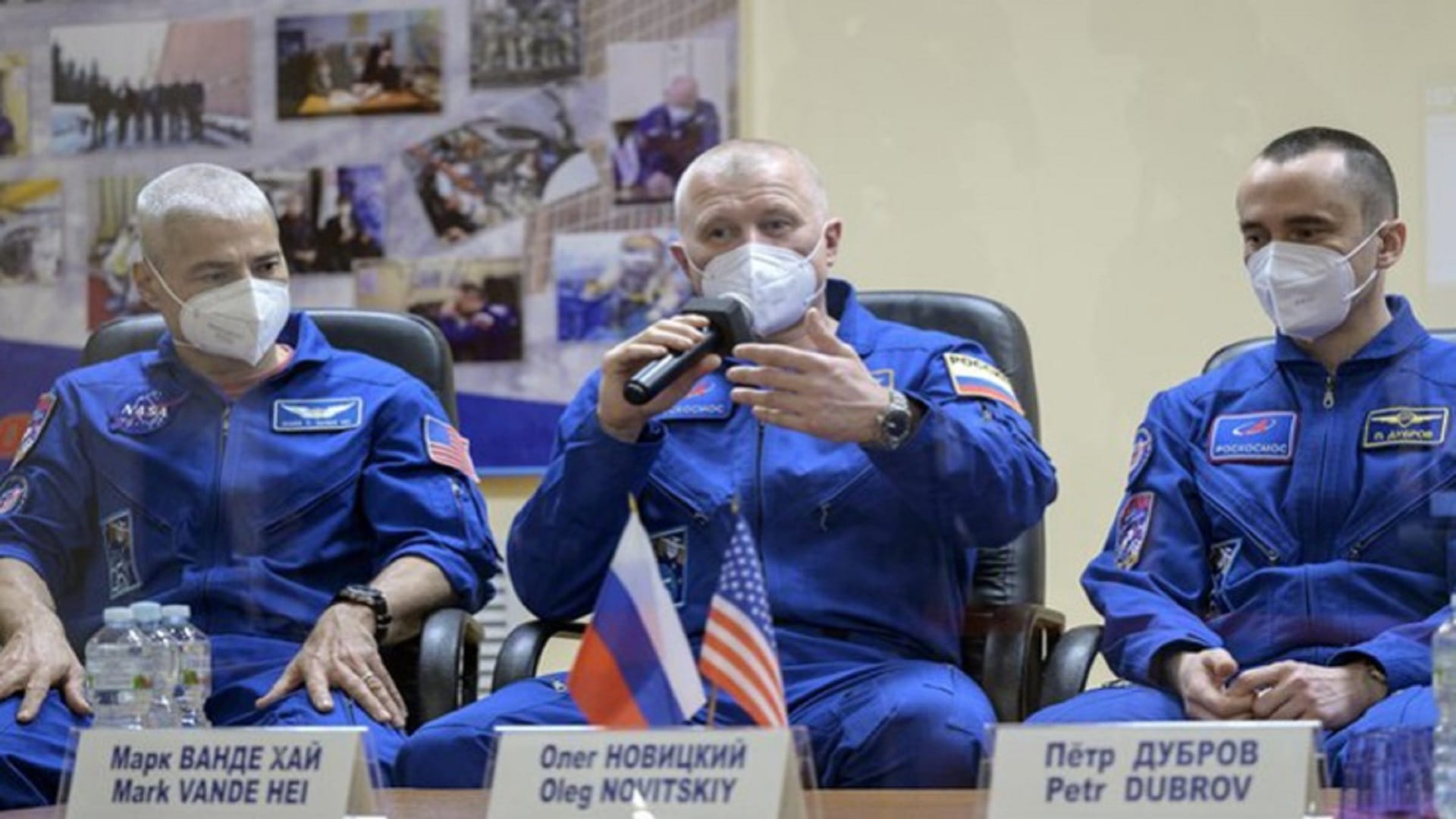 Image for the title: US-Russian trio blast off on mission to space station 