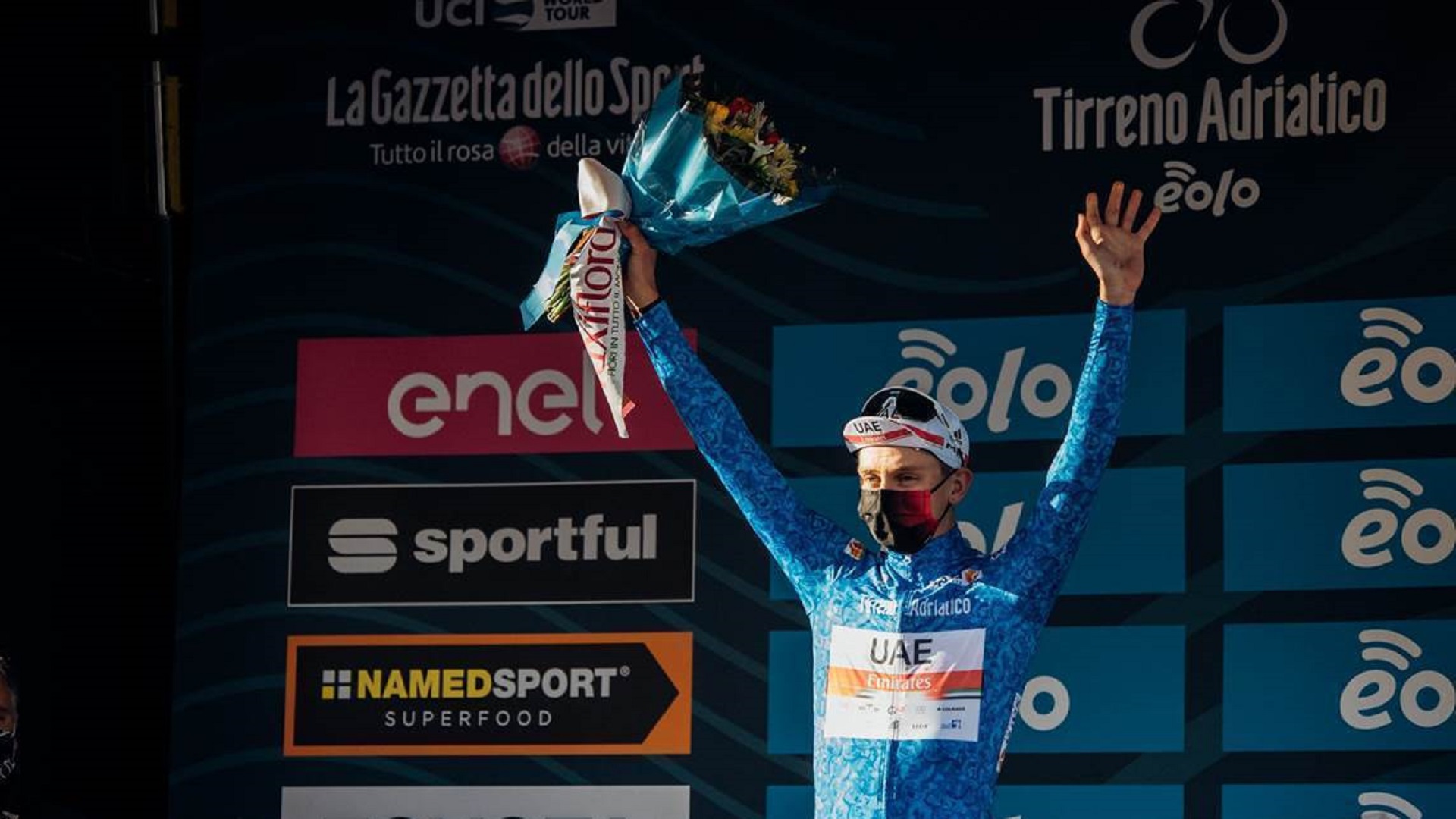 Image for the title: UAE Team Emirates’ Tadej Pogacar wins stage 4 at Tirreno-Adriatico 