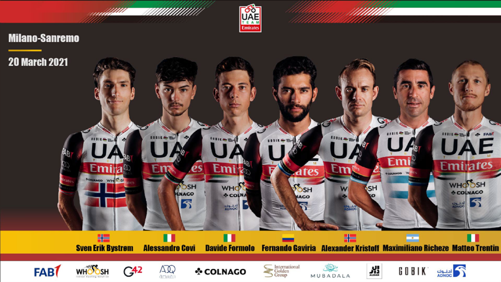 Image for the title: UAE Team Emirates line-up for Milan-San Remo 