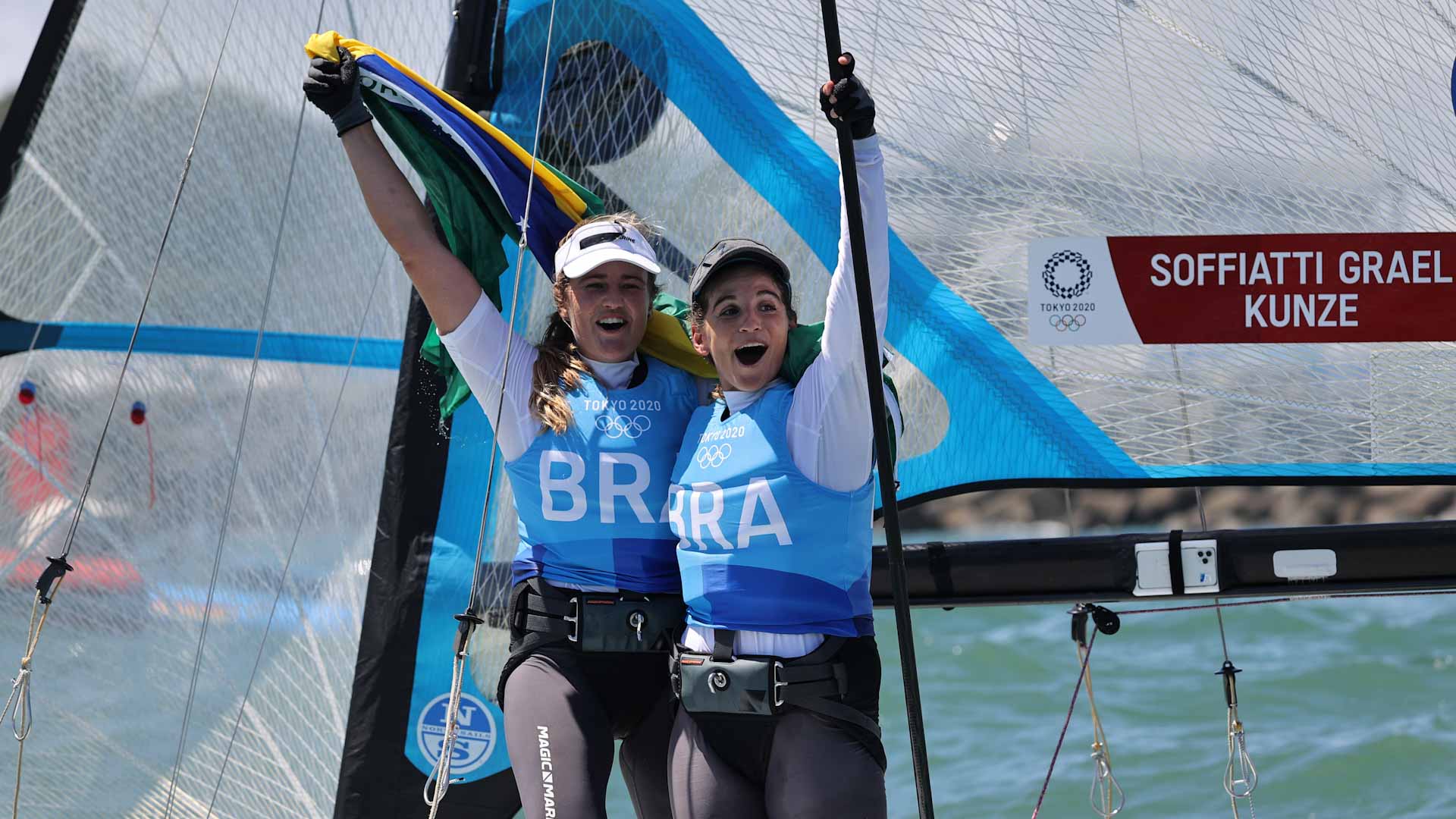 Image for the title: Brazil win gold in women's 49er sailing 