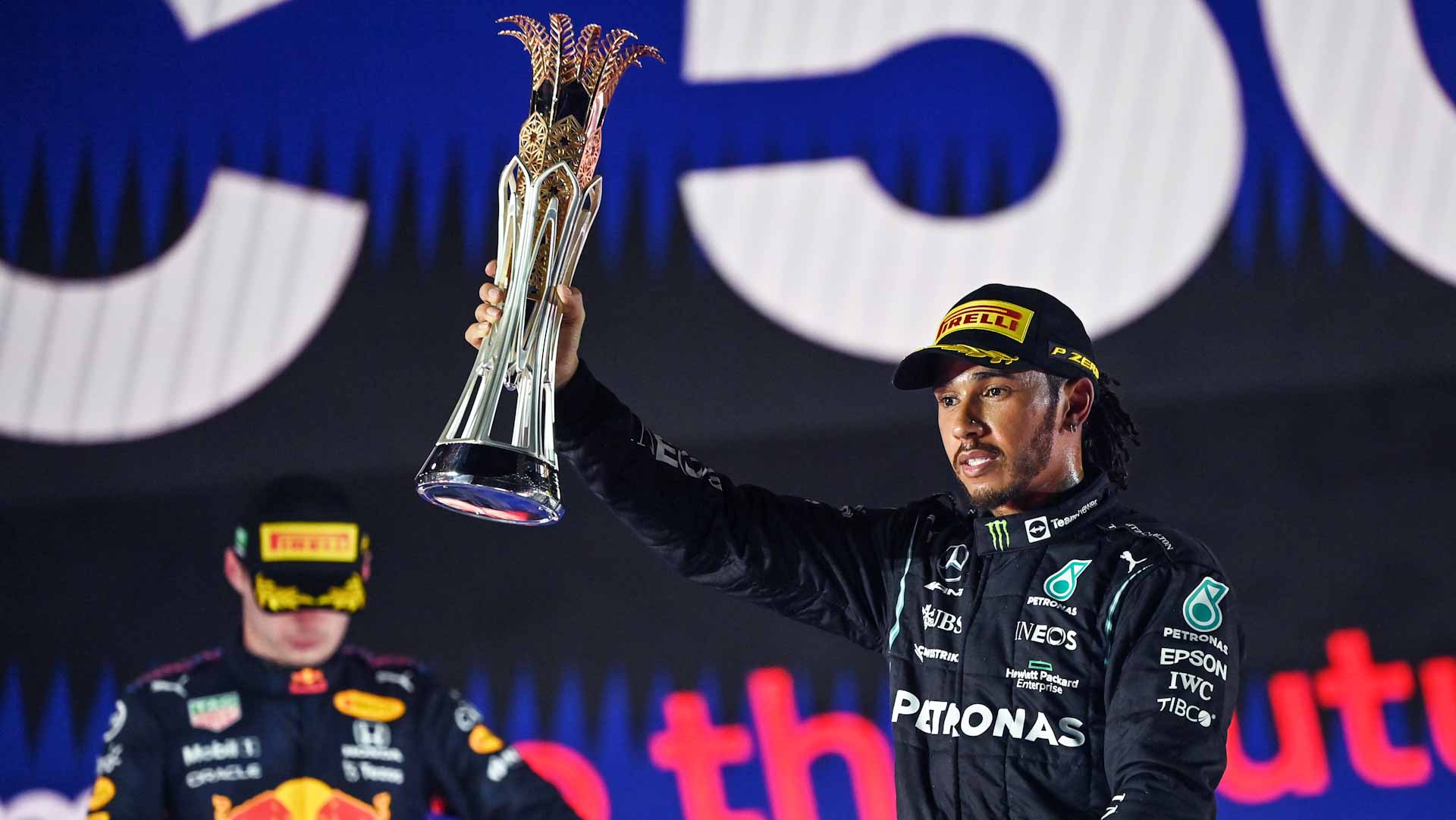 Image for the title: Hamilton wins crazy Saudi GP to level with Verstappen 