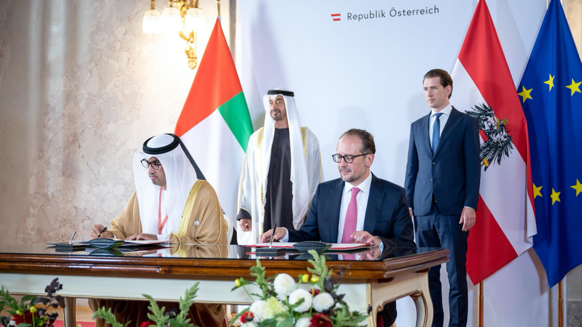 Image for the title: Mohamed bin Zayed, Kurz witness signing of strategic partnerships 