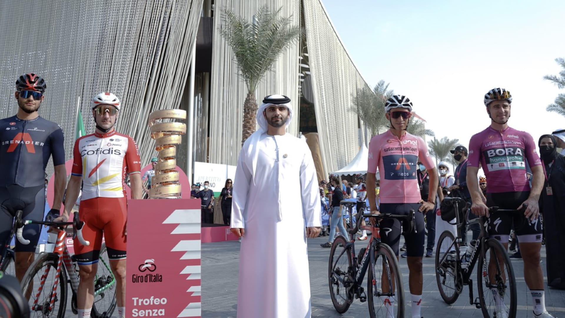 Image for the title: Mansour bin Mohammed meets int’l cycling stars at Expo 2020 