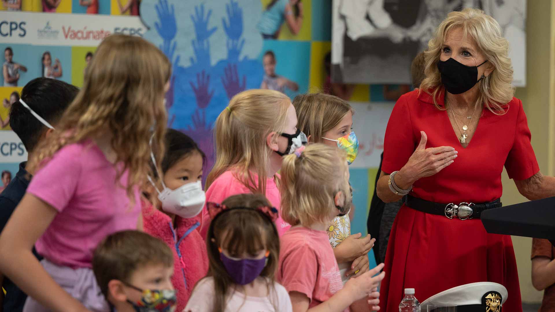 Image for the title: US First Lady pushes vaccine for young kids in school visit