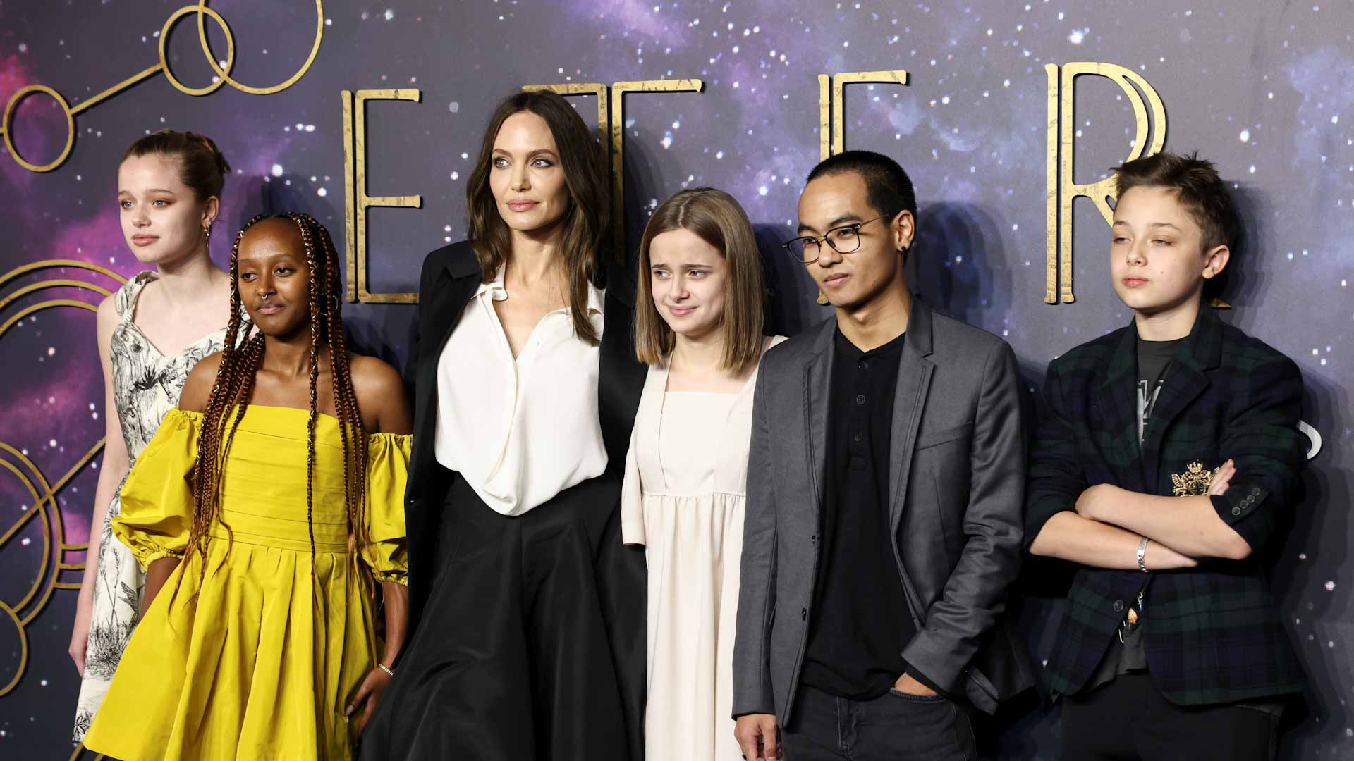 Image for the title: Angelina Jolie brings her children to London 'Eternals' premiere 