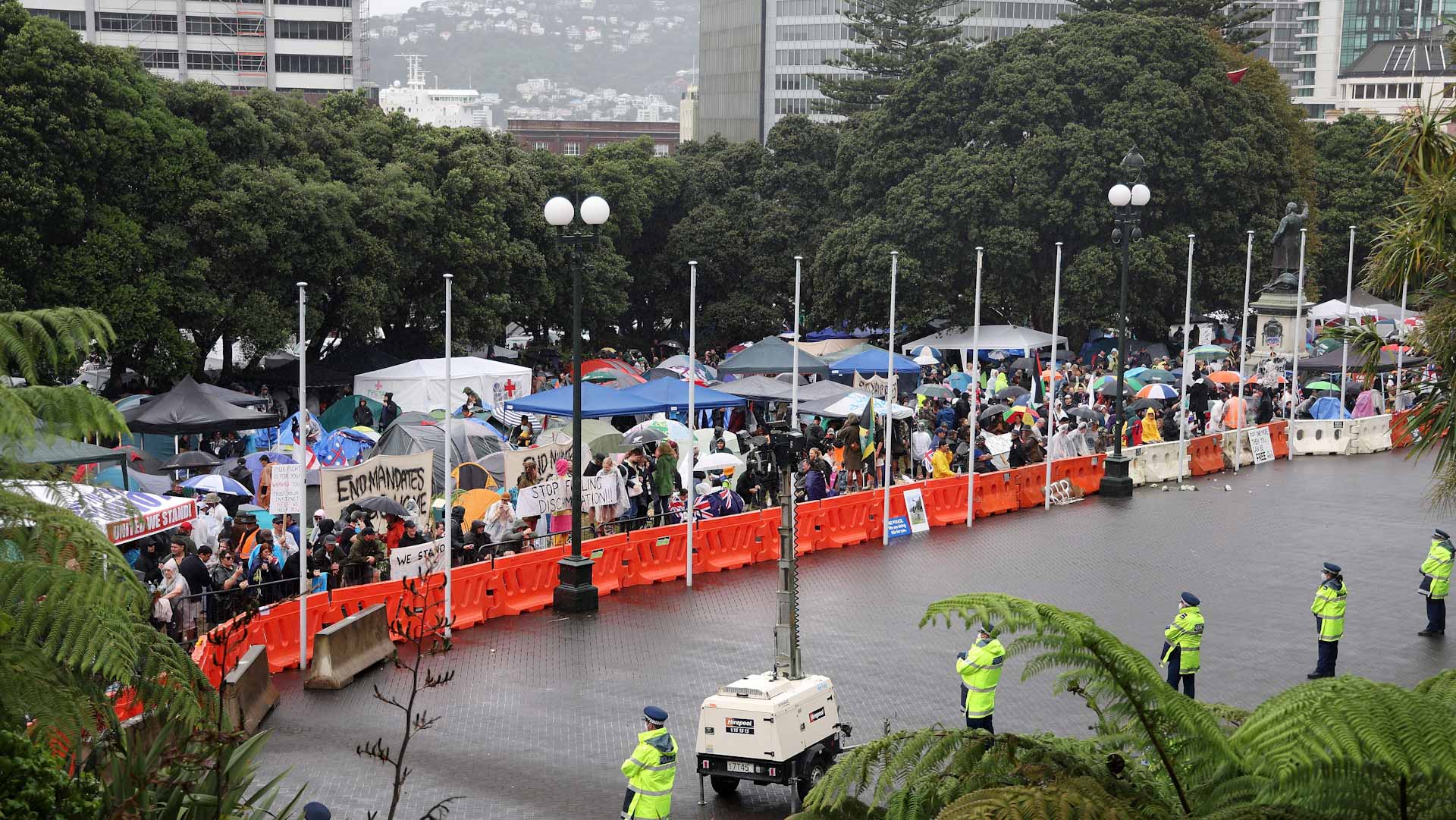 Image for the title: Cyclone, Barry Manilow fail to dislodge New Zealand protesters 