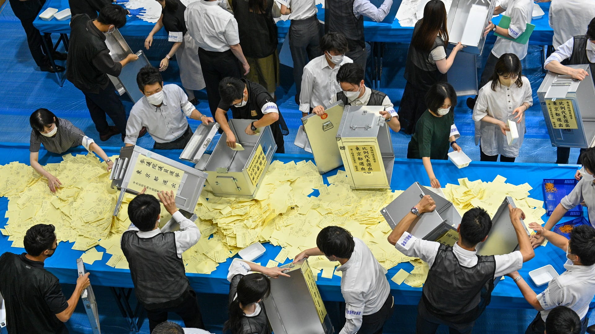 Image for the title: Japan ruling party projected vote winner after Abe assassination 