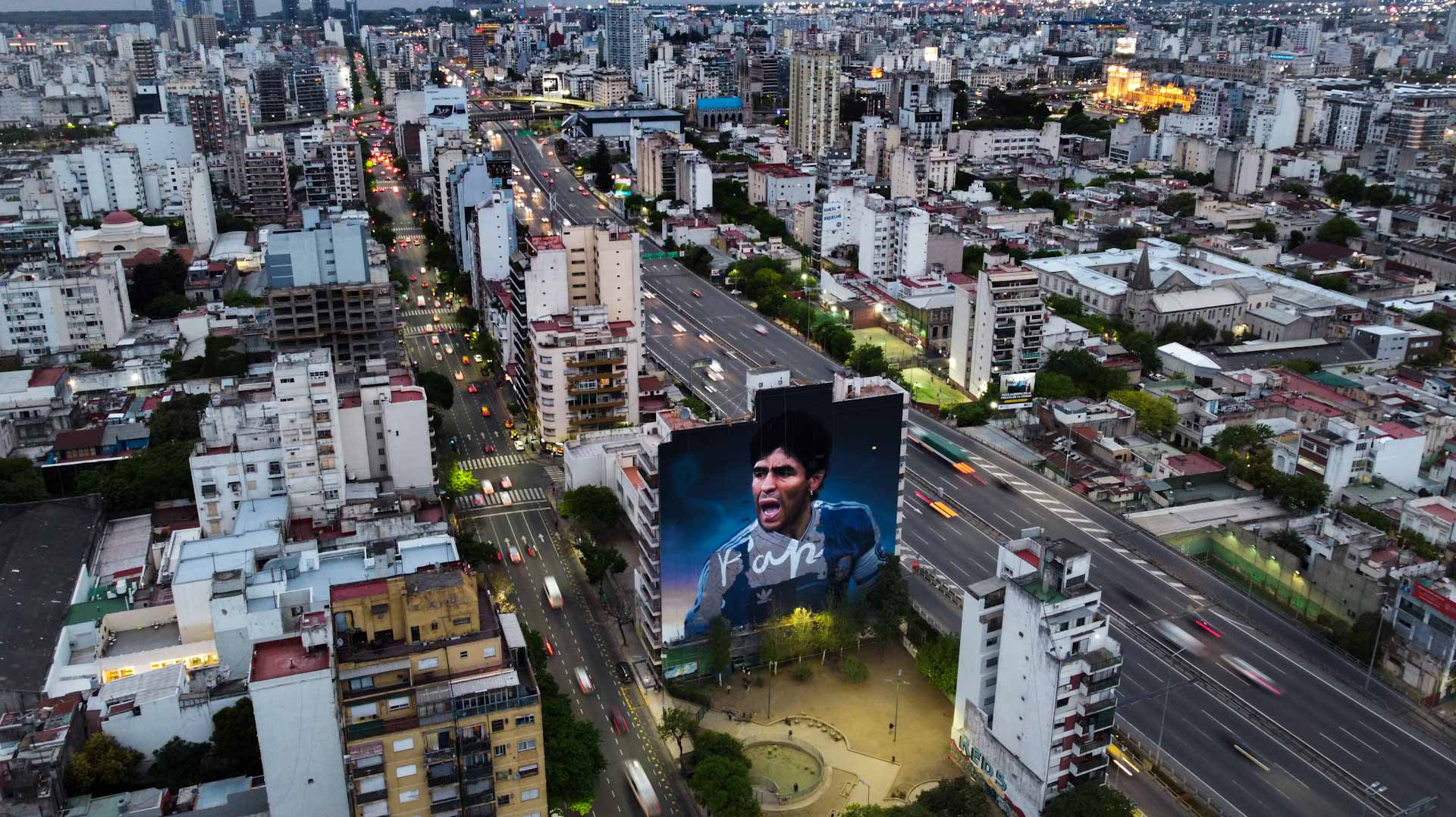 Image for the title: Giant new mural celebrates 'warrior' Maradona in Buenos Aires 