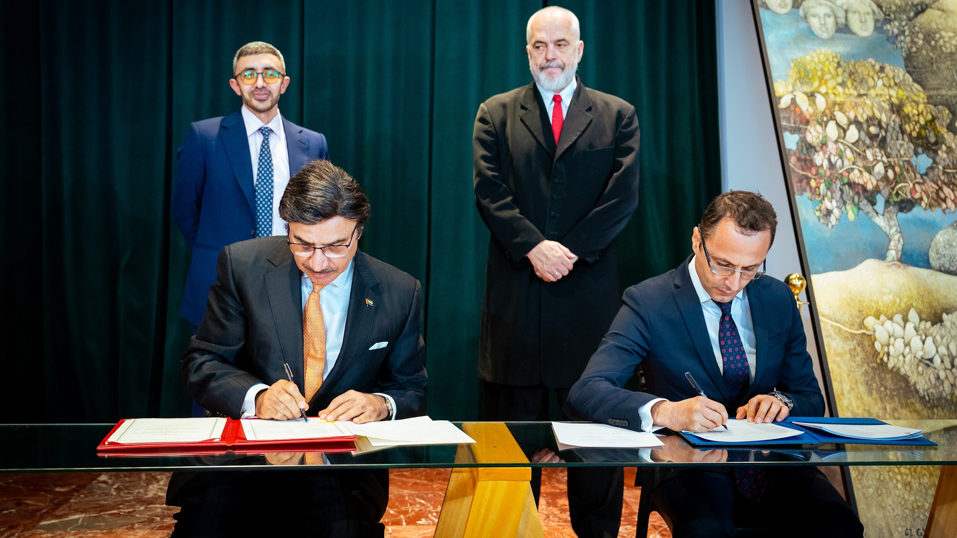 Image for the title: Abdullah bin Zayed, Albania PM witness signing of coop agreement 