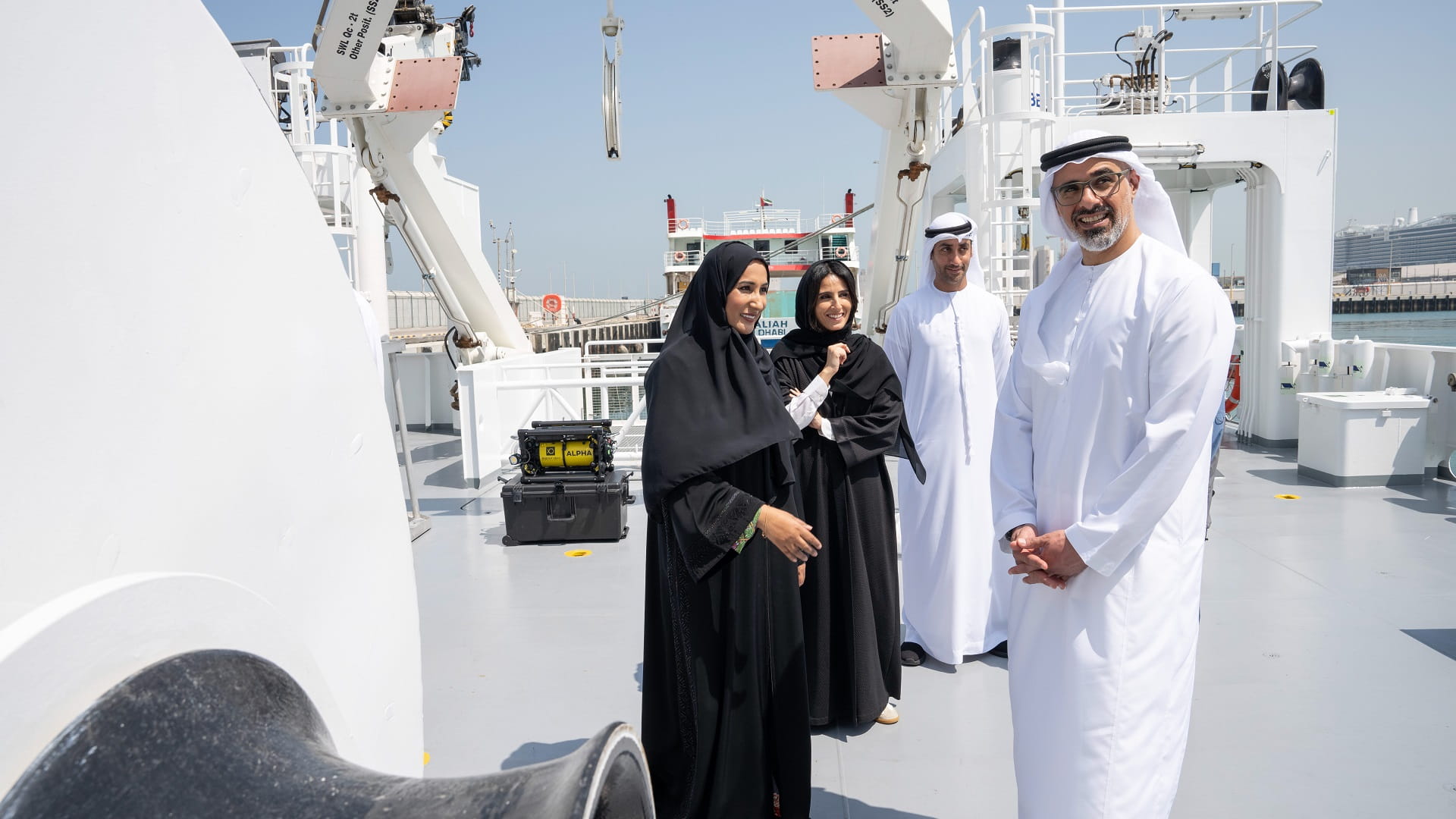 Image for the title: Khaled bin Mohamed bin Zayed tours marine research vessel Jaywun 