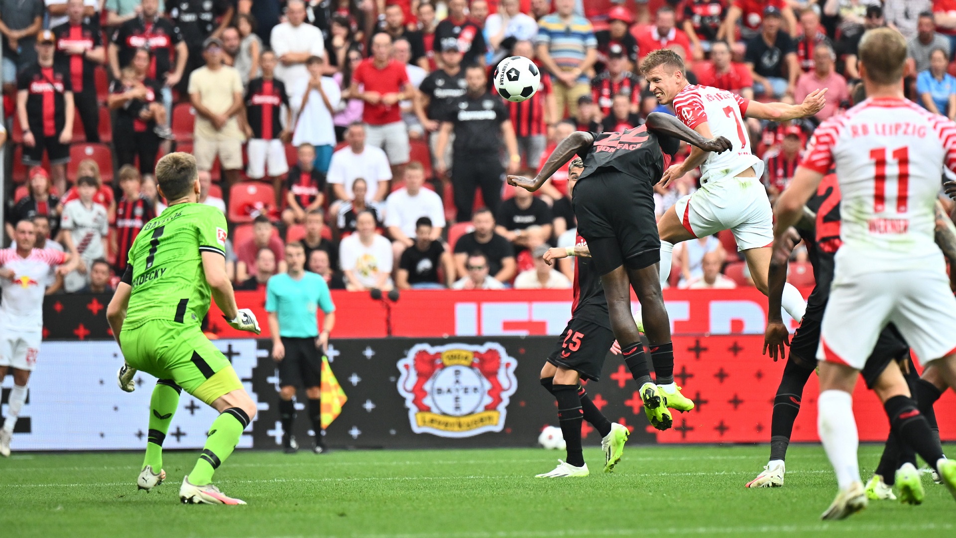 Image for the title: Leverkusen snatches 3-2 win from Leipzig in Bundesliga opening 