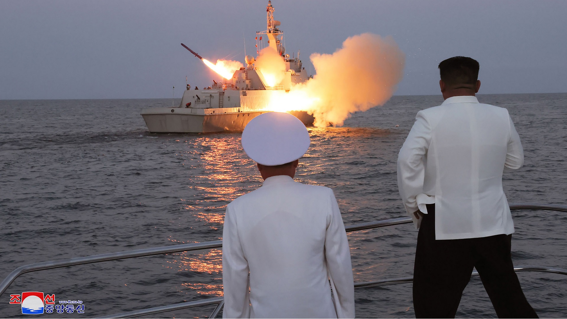 Image for the title: N.K.'s Kim directs cruise missile test as S.K., US begin drills 