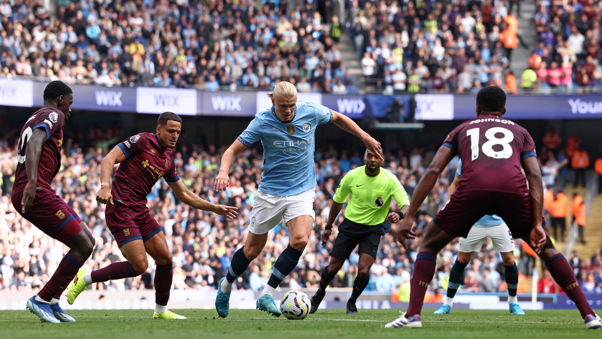 Image for the title: Haaland scores hat-trick as Man City thrashes Ipswich 