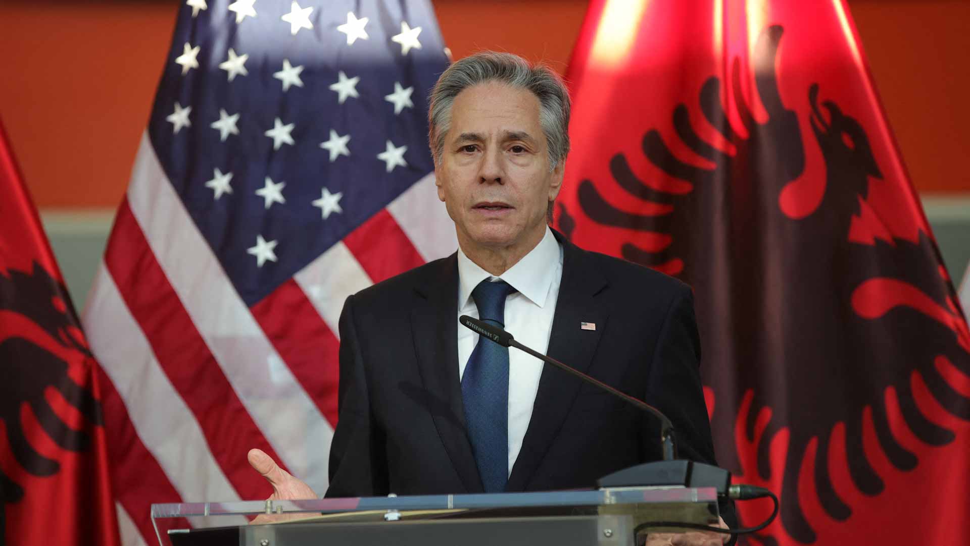 Image for the title: Blinken arrives in Tirana on first visit to Albania 