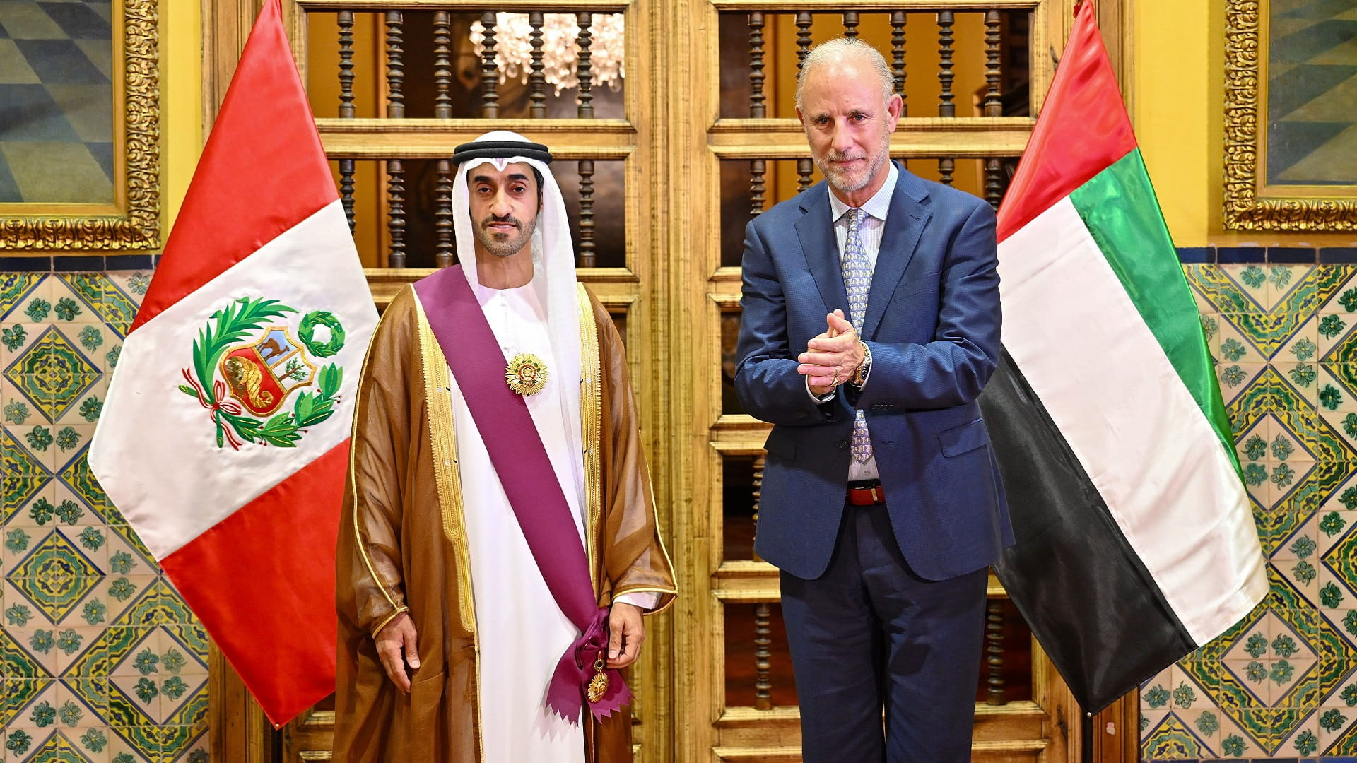 Image for the title: President of Peru confers 'Order of the Sun of Peru' on UAE Amb. 