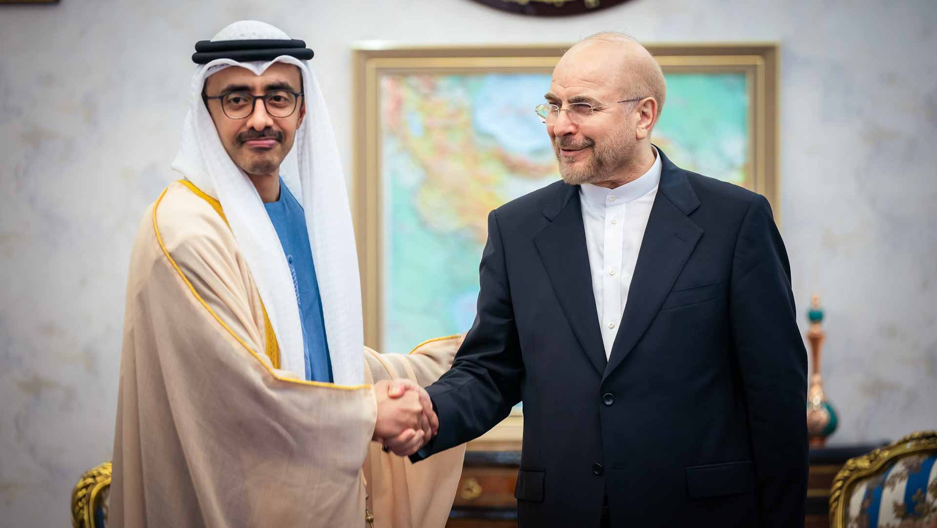 Image for the title: Abdullah bin Zayed meets with Iranian Parliament Speaker  