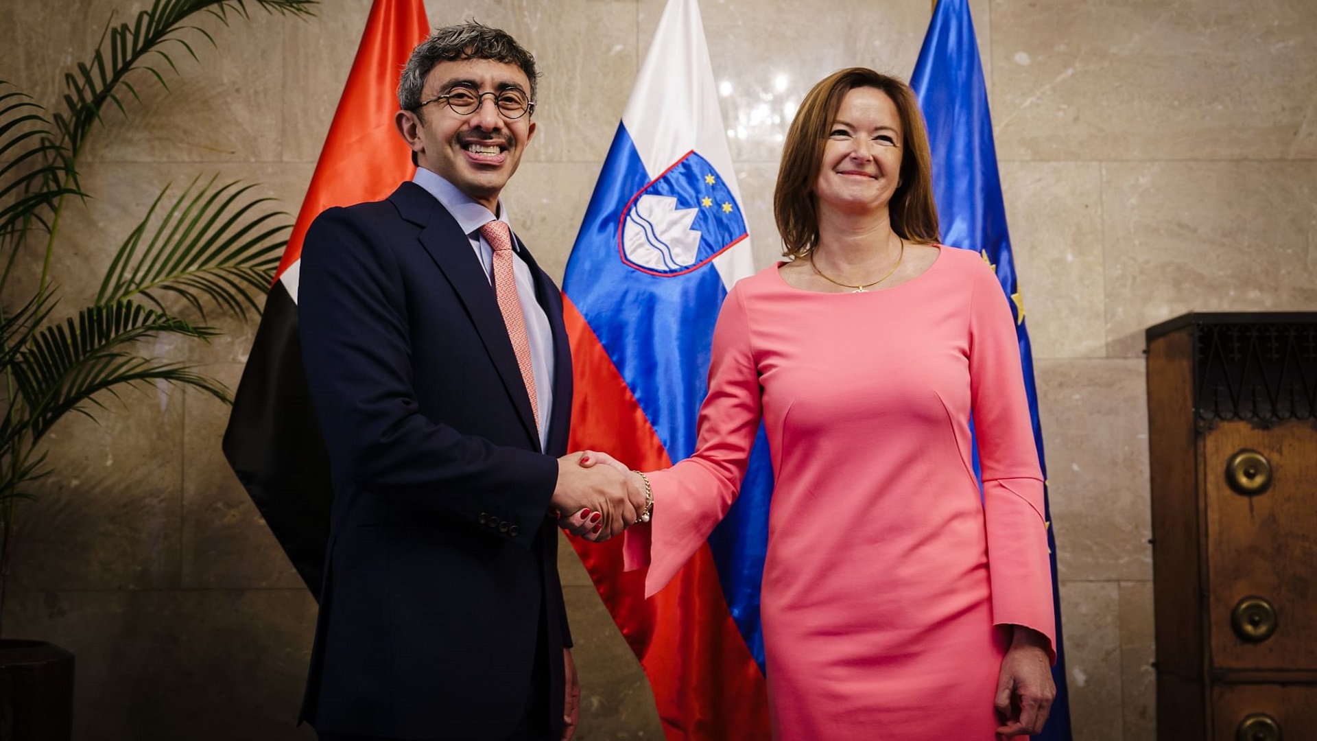 Image for the title: Abdullah bin Zayed meets Slovenian Deputy PM, Foreign Minister 