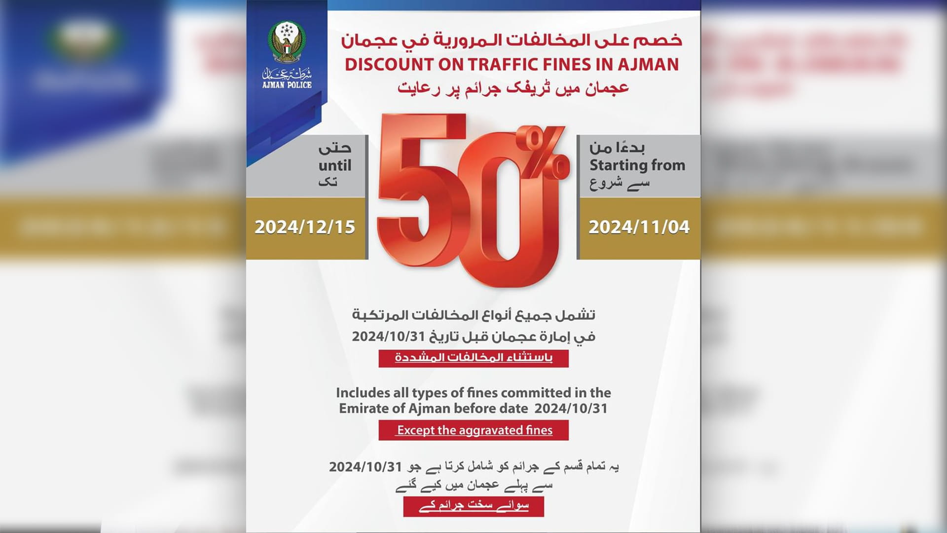 شرطة عجمان تعلن عن تخفيض بنسبة 50 % على المخالفات المرورية 