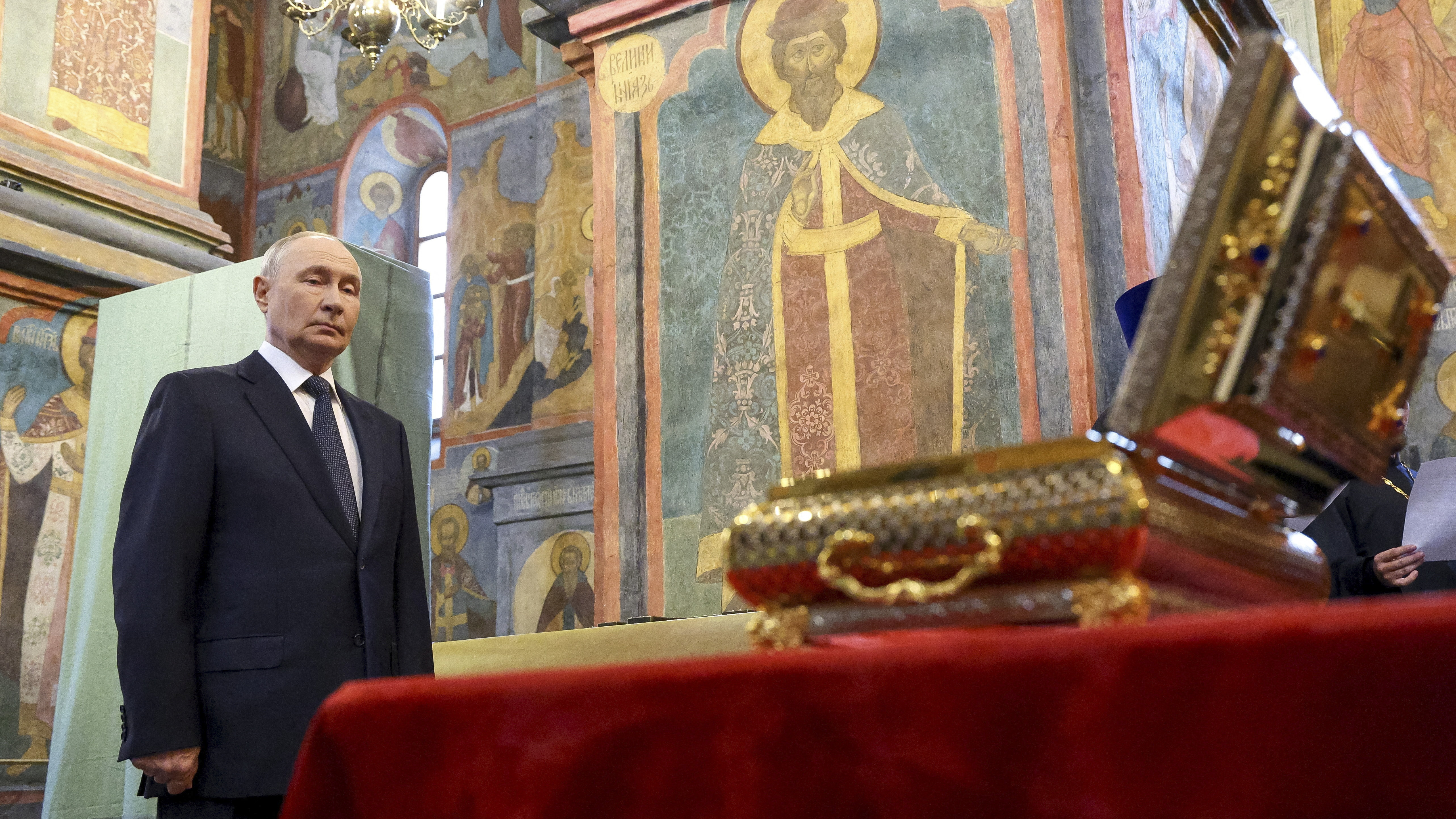 Image for the title: Putin inspects newly discovered remains of Russian Prince Donskoy 