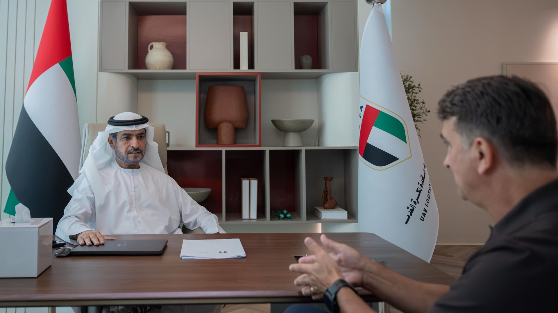 Image for the title: Hamdan bin Mubarak meets national team coach Coach Dalić 