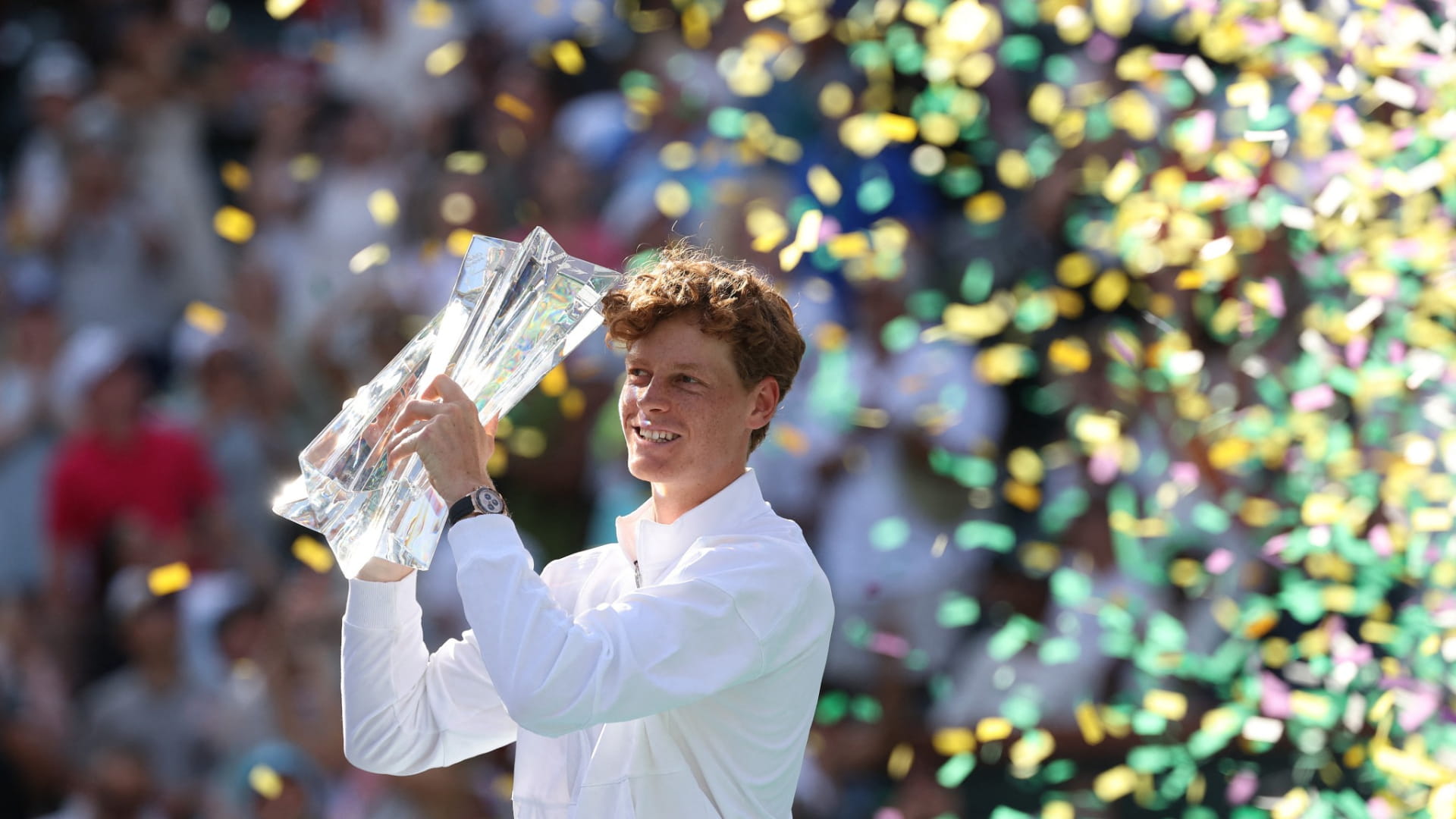 Image for the title: Sinner wins Indian Wells title after beating Medvedev 